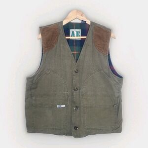 VTG American Eagle Canvas Field Chore Corduroy Accent Plaid Flannel Lined Vest L